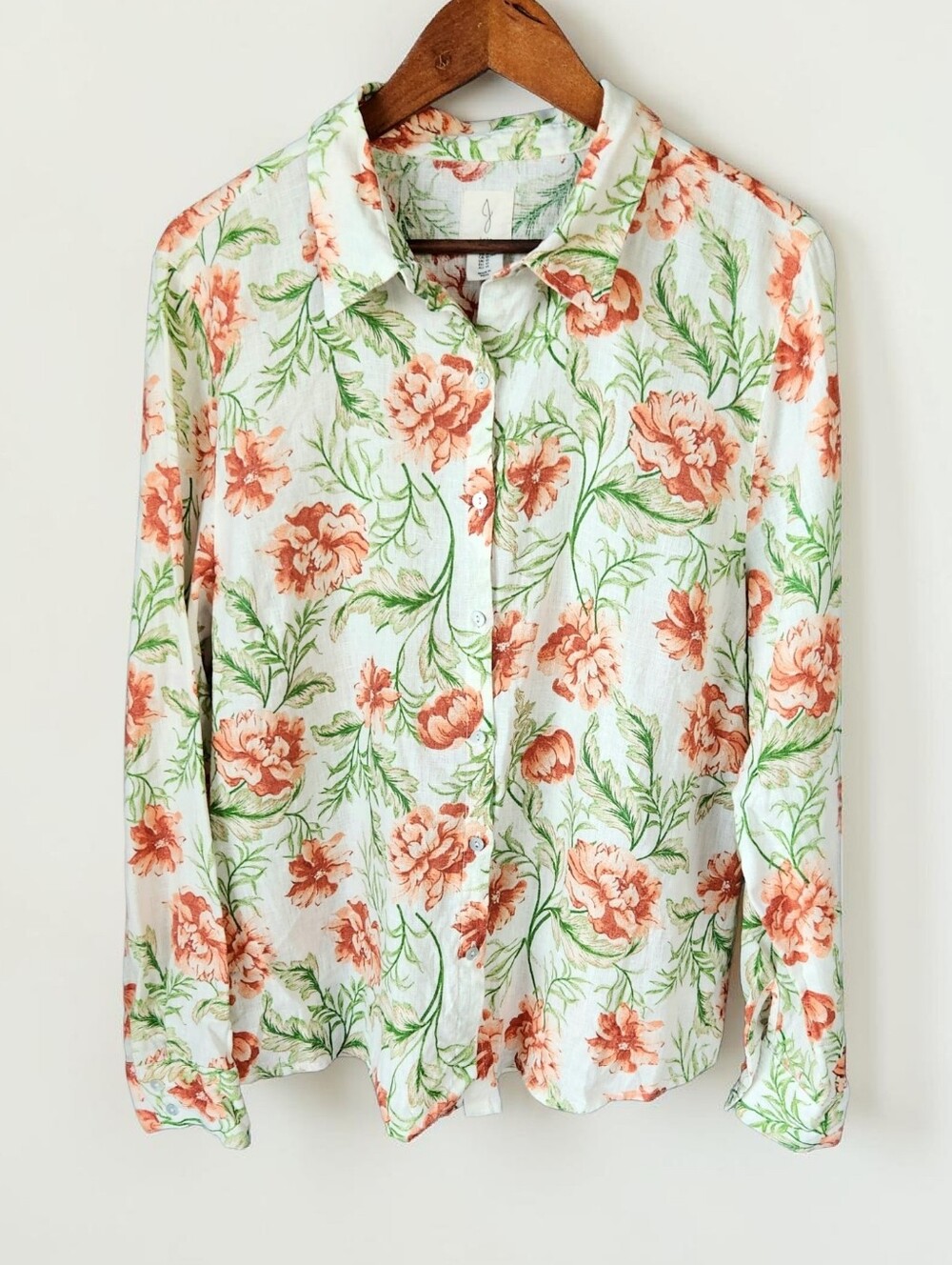 Joie Linen Floral Button Up Shirt Womens XL Orange Green Ivory Boho Cottagecore